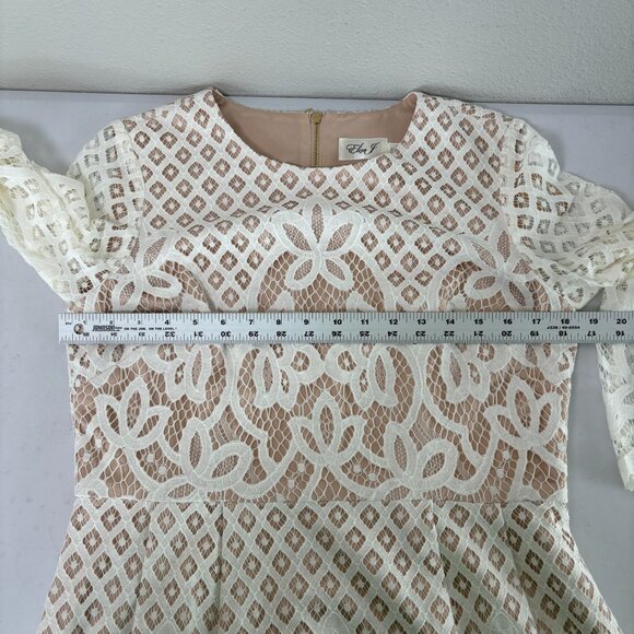 Eliza J Fit & Flare Lace Dress Petite 12 12P Ivory Nude Lining 3/4 Bell Sleeve - Picture 10 of 13